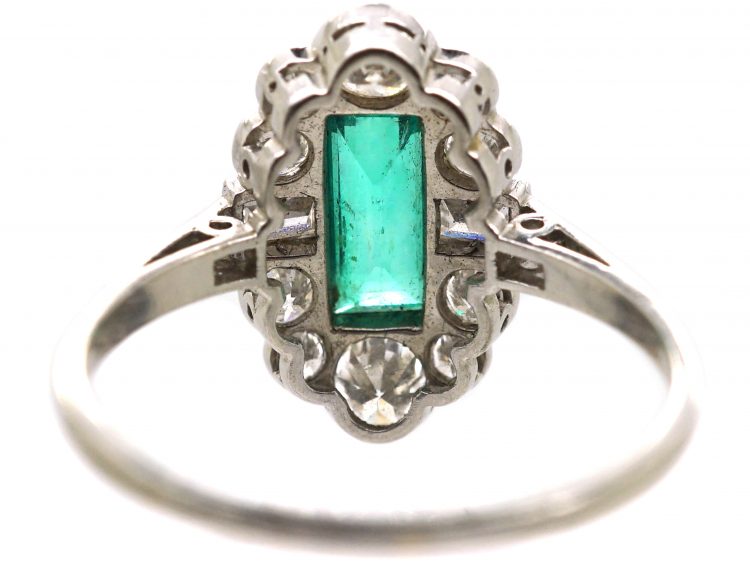 Art Deco Platinum Ring set with a Rectangular Emerald & Baguette & Round Diamonds