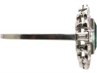 Art Deco Platinum Ring set with a Rectangular Emerald & Baguette & Round Diamonds