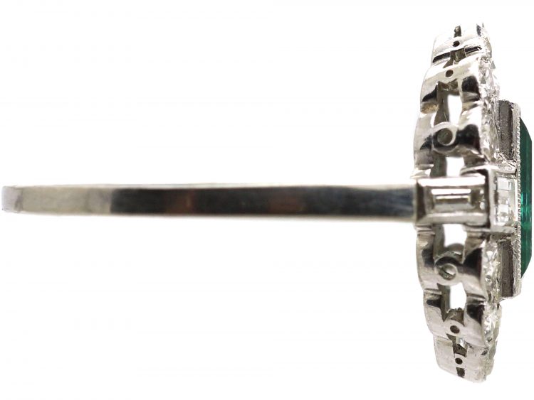 Art Deco Platinum Ring set with a Rectangular Emerald & Baguette & Round Diamonds
