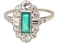 Art Deco Platinum Ring set with a Rectangular Emerald & Baguette & Round Diamonds