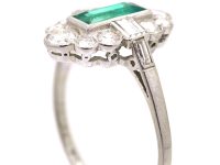 Art Deco Platinum Ring set with a Rectangular Emerald & Baguette & Round Diamonds