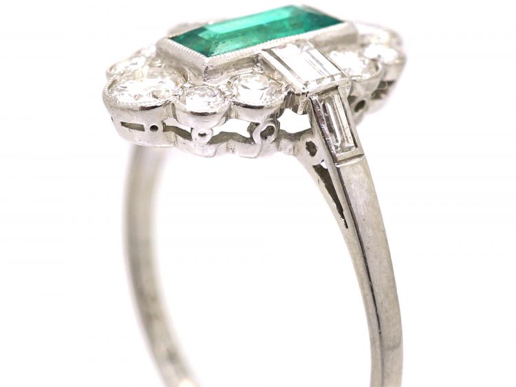 Art Deco Platinum Ring set with a Rectangular Emerald & Baguette & Round Diamonds