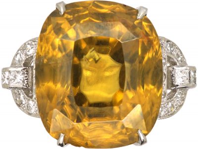 Art Deco Platinum Ring set with a Large Yellow Zircon with Diamond Set Shoulders