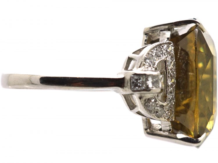 Art Deco Platinum Ring set with a Large Yellow Zircon with Diamond Set Shoulders