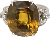 Art Deco Platinum Ring set with a Large Yellow Zircon with Diamond Set Shoulders