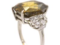 Art Deco Platinum Ring set with a Large Yellow Zircon with Diamond Set Shoulders