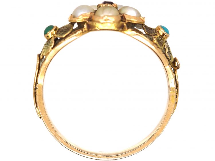 Georgian 15ct Two Colour Gold Cluster Ring set with a Ruby, Natural Split Pearls & Turquoise