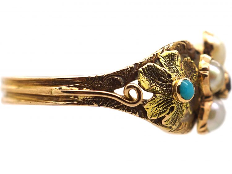 Georgian 15ct Two Colour Gold Cluster Ring set with a Ruby, Natural Split Pearls & Turquoise