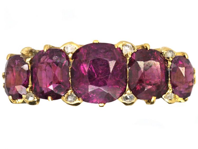 Victorian 18ct Gold Five Stone Almandine Garnet Ring with Rose Diamond Points