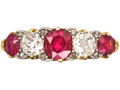 Edwardian 18ct Gold & Platinum, Five Stone Ruby & Diamond Carved Half Hoop Ring