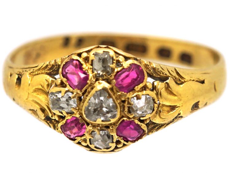 Victorian 18ct Gold, Ruby & Heart Shaped Diamond Cluster Ring