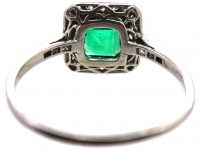 Early 20th Century Platinum, Emerald & Diamond Square Cluster Ring with Diamond Shoulders