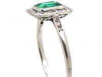 Early 20th Century Platinum, Emerald & Diamond Square Cluster Ring with Diamond Shoulders