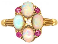 Edwardian 18ct Gold Cluster Ring set with Opals, Rubies & a Diamond
