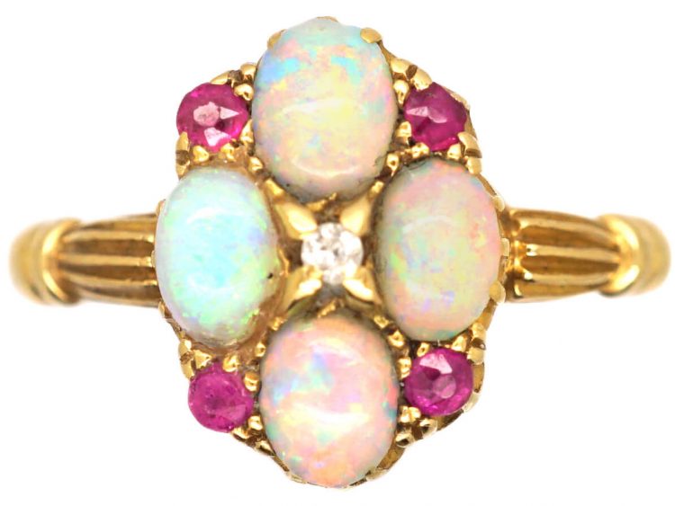 Edwardian 18ct Gold Cluster Ring set with Opals, Rubies & a Diamond