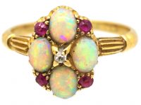 Edwardian 18ct Gold Cluster Ring set with Opals, Rubies & a Diamond