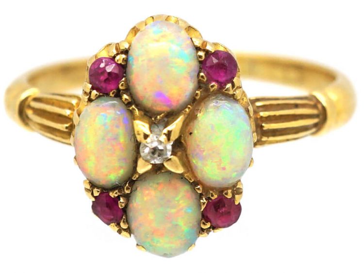 Edwardian 18ct Gold Cluster Ring set with Opals, Rubies & a Diamond