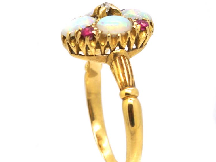 Edwardian 18ct Gold Cluster Ring set with Opals, Rubies & a Diamond