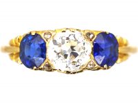 Victorian 18ct Gold, Old Mine Cut Diamond & Sapphire Three Stone Carved Half Hoop Ring