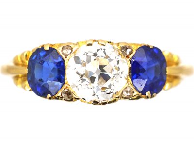 Victorian 18ct Gold, Old Mine Cut Diamond & Sapphire Three Stone Carved Half Hoop Ring