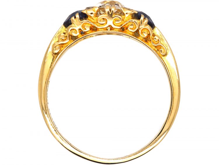 Victorian 18ct Gold, Old Mine Cut Diamond & Sapphire Three Stone Carved Half Hoop Ring