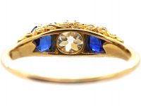 Victorian 18ct Gold, Old Mine Cut Diamond & Sapphire Three Stone Carved Half Hoop Ring