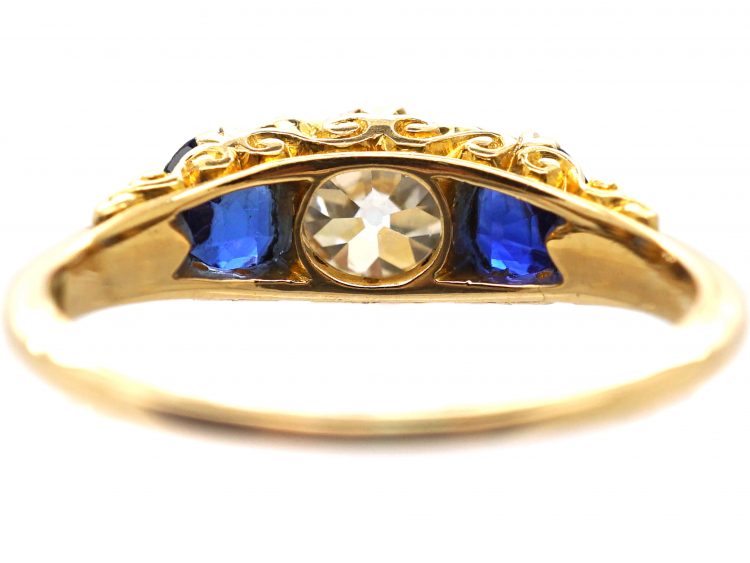 Victorian 18ct Gold, Old Mine Cut Diamond & Sapphire Three Stone Carved Half Hoop Ring