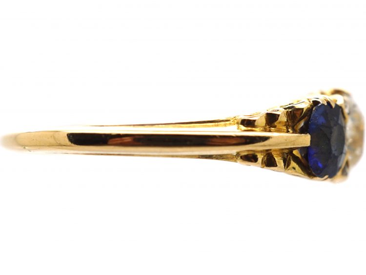 Victorian 18ct Gold, Old Mine Cut Diamond & Sapphire Three Stone Carved Half Hoop Ring