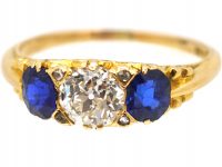 Victorian 18ct Gold, Old Mine Cut Diamond & Sapphire Three Stone Carved Half Hoop Ring