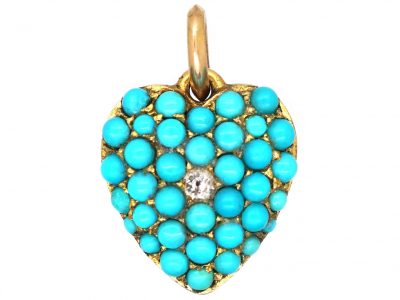 Victorian 15ct Gold Heart Shaped Pendant Pave set with Turquoise & a Diamond