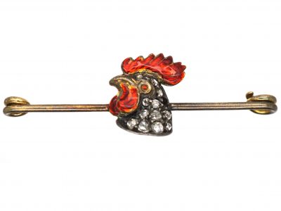 Edwardian 9ct Gold & Red Enamel Cockerel’s Head Brooch set with Rose Diamonds