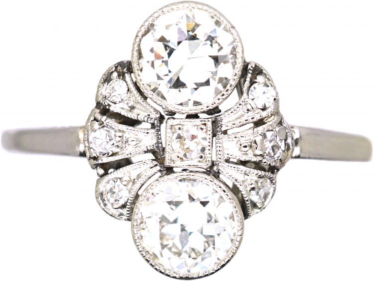 Edwardian Platinum Two Stone Diamond Fan Ring
