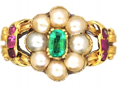 Regency 15ct Gold Cluster Ring set with an Emerald, Rubies & Natural Split Pearls