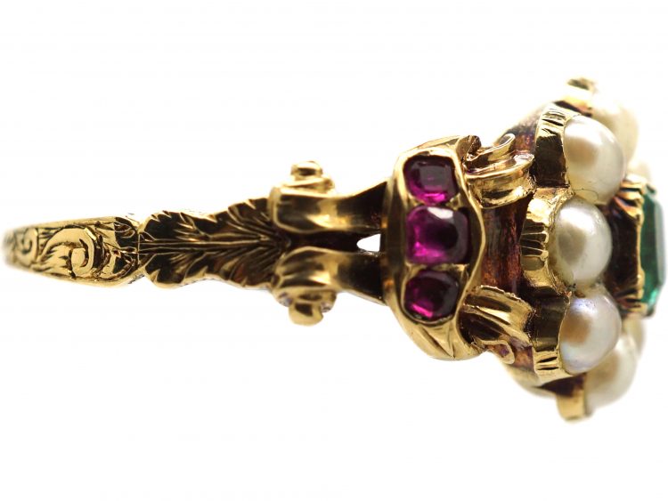 Regency 15ct Gold Cluster Ring set with an Emerald, Rubies & Natural Split Pearls
