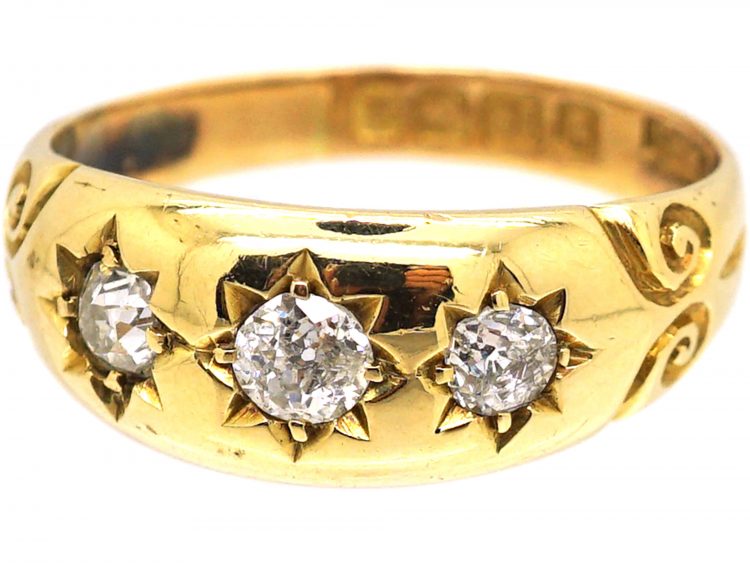 Victorian 18ct Gold, Three Stone Diamond Gypsy Ring