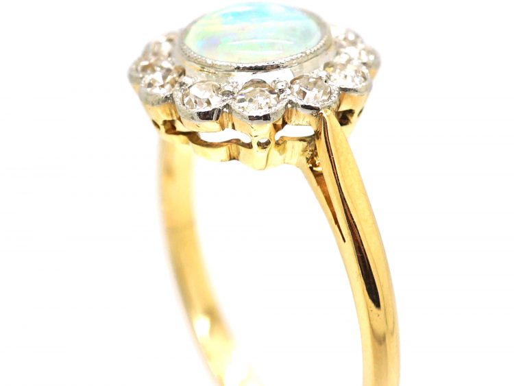 Edwardian 18ct Gold, Opal & Diamond Cluster Ring