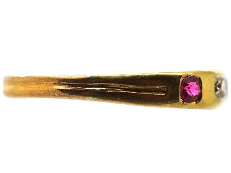Edwardian 18ct Gold Rub Over Set Ruby & Diamond Five Stone Ring