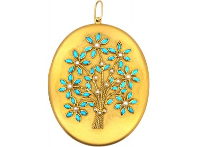 Victorian Large 15ct Gold Oval Locket with Flower Spray set with Turquoise & Natural Split Pearls