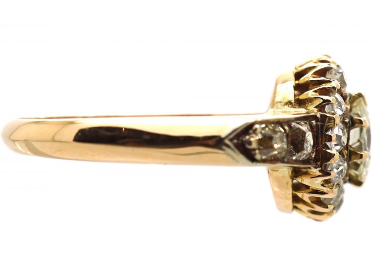 Victorian 18ct Gold, Old Mine Cut Diamond Cluster Ring with Diamond Set Shoulders