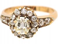 Victorian 18ct Gold, Old Mine Cut Diamond Cluster Ring with Diamond Set Shoulders