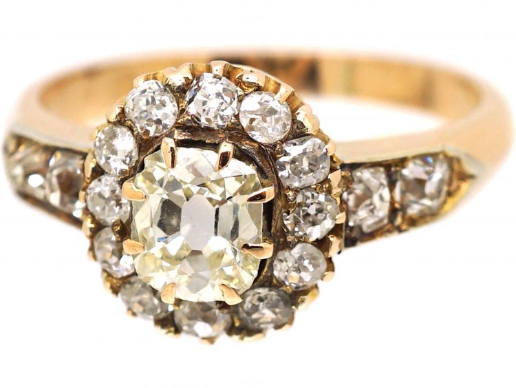 Victorian 18ct Gold, Old Mine Cut Diamond Cluster Ring with Diamond Set Shoulders