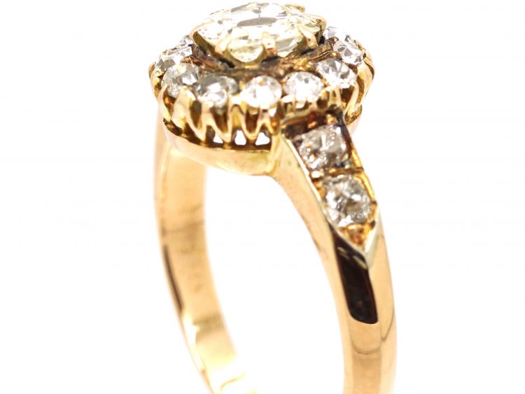 Victorian 18ct Gold, Old Mine Cut Diamond Cluster Ring with Diamond Set Shoulders