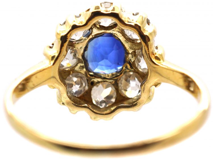 Edwardian 18ct Gold, Sapphire & Old Mine Cut Diamond Cluster Ring