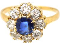 Edwardian 18ct Gold, Sapphire & Old Mine Cut Diamond Cluster Ring