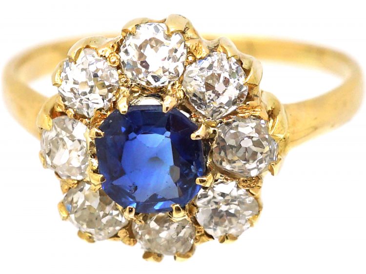 Edwardian 18ct Gold, Sapphire & Old Mine Cut Diamond Cluster Ring