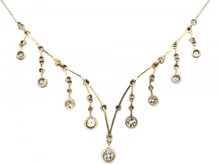 Edwardian 15ct Gold & Platinum Necklace with Diamond Drops