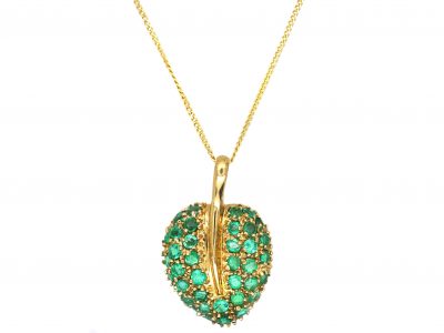 9ct Gold 1950s Leaf Pendant set with Emeralds on 9ct Gold Chain
