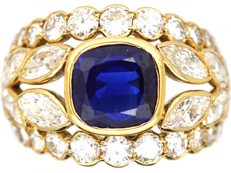 1970s 18ct Gold Wide Dress Ring set with a Sapphire & Marquise & Round Diamonds
