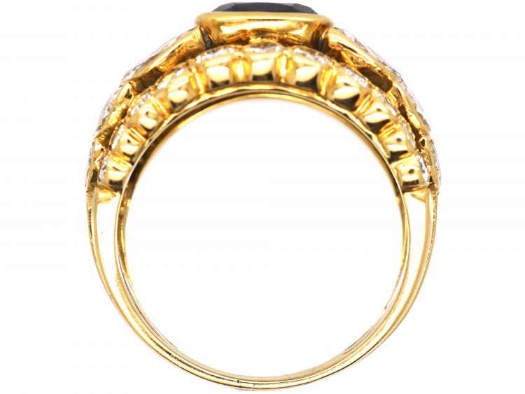 1970s 18ct Gold Wide Dress Ring set with a Sapphire & Marquise & Round Diamonds