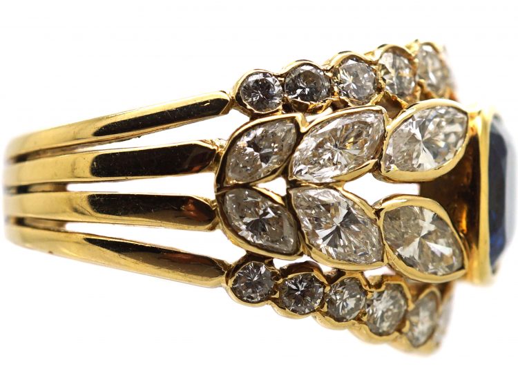 1970s 18ct Gold Wide Dress Ring set with a Sapphire & Marquise & Round Diamonds